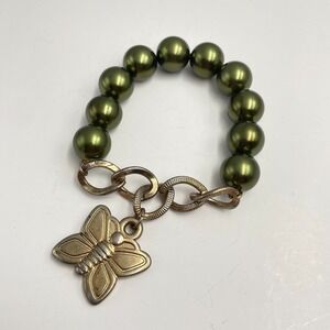 Vintage 90s Green Pearl Glass Bead Gold Tone Butterfly Charm Bracelet Fashion